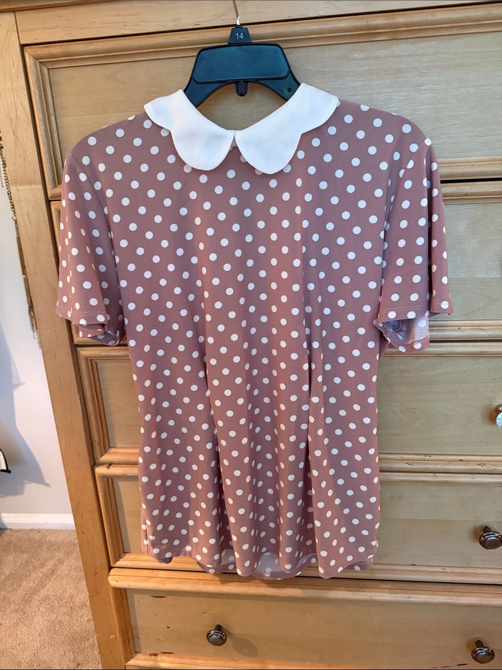 Faith and Joy Mauve Pink Polka Dot Short Sleeve Top with White Peter Pan Collar